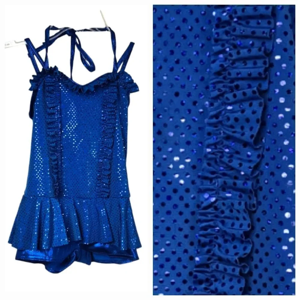 Girls Blue Sequin Ruffle Biketard Sleeveless Leotard Dance Costume Small Feather